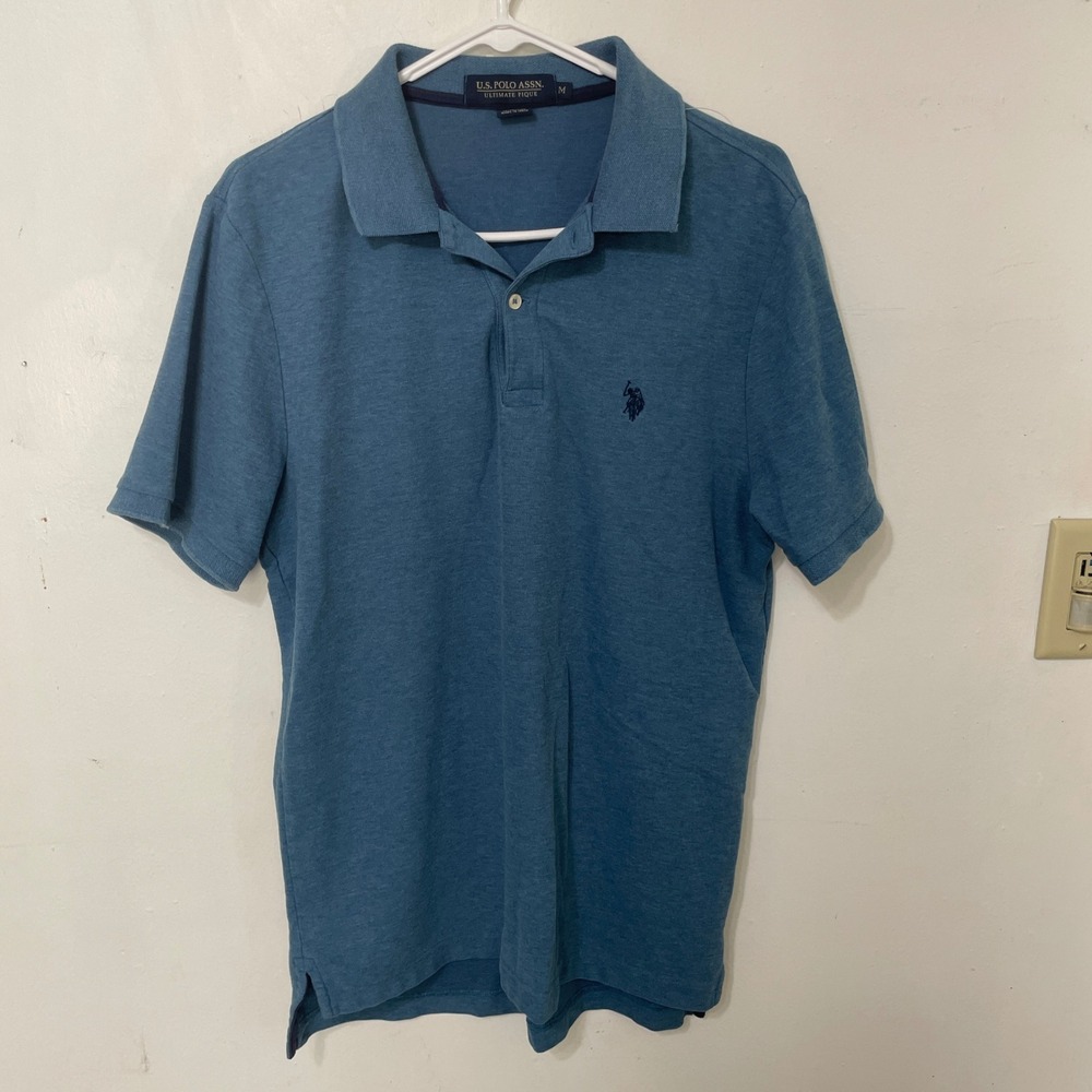 US Polo Assn Mens Ultimate Pique Polo Shirt Blue Heather Short Sleeve Medium